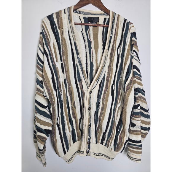 J. Ferrar Other - [Grandpacore] J. Ferrar 3D Knit Cardigan Mens Large  Green Striped Coogi Style
